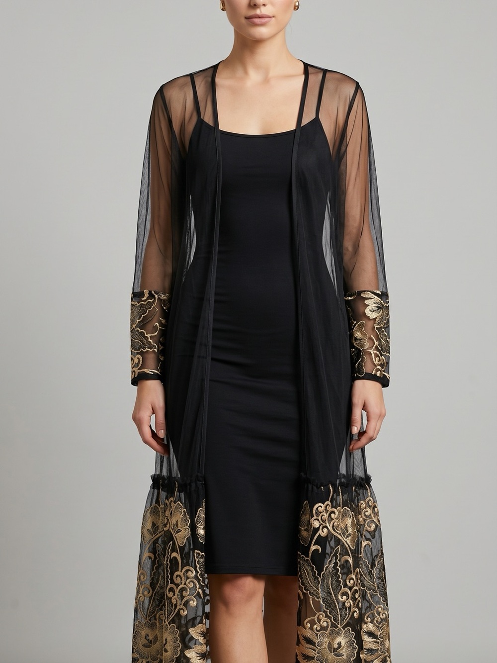 Black Sheer Embroidered Duster with Gold Floral Accents